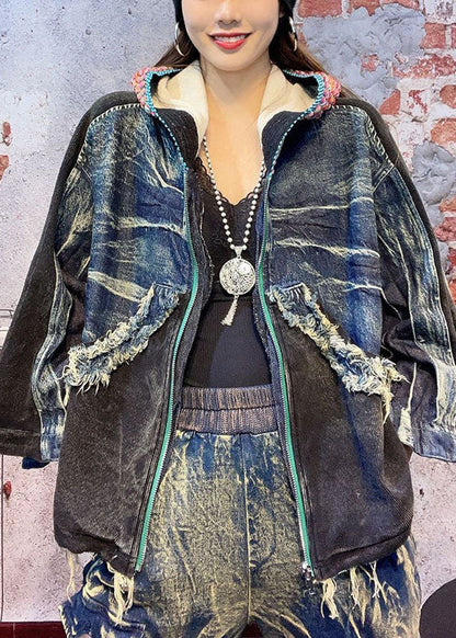 Fitted Black Hooded Patchwork Fall Denim Long Sleeve Coat
