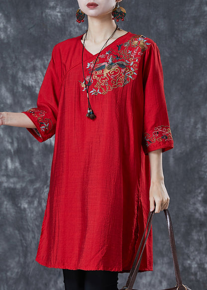 Red Embroidered Linen Mid Dresses Summer