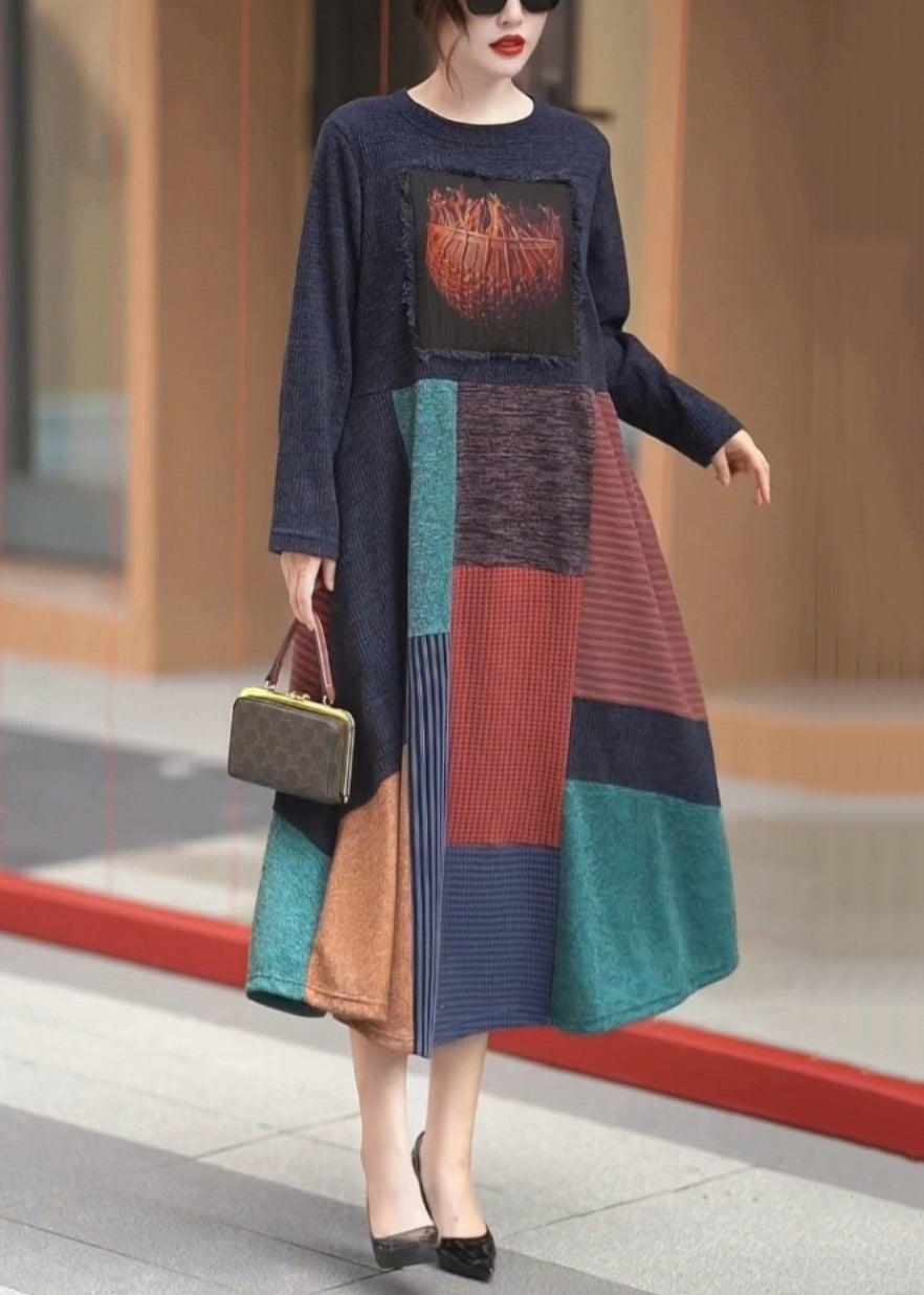 New Navy O-neck Patchwork Knit Long Dresses Winter