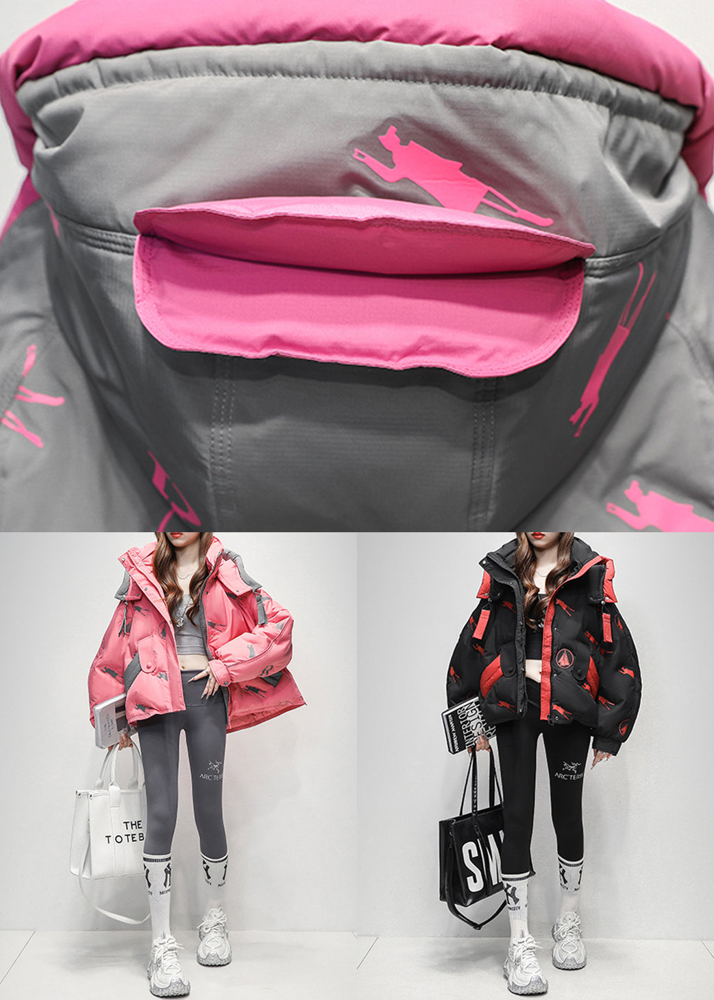 Black Zippered Letter Print Duck Down Puffer Coat