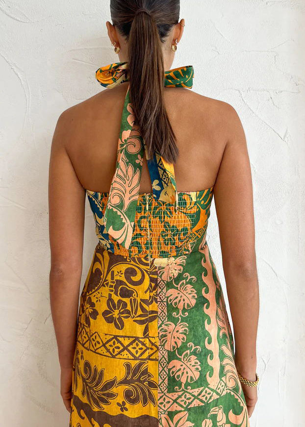 Colorblock Print Lace Up Linen Holiday Dress Sleeveless