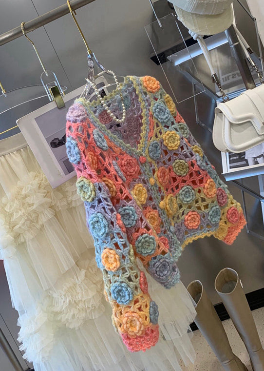 Rainbow V Neck Hollow Out Knit Cardigan Fall