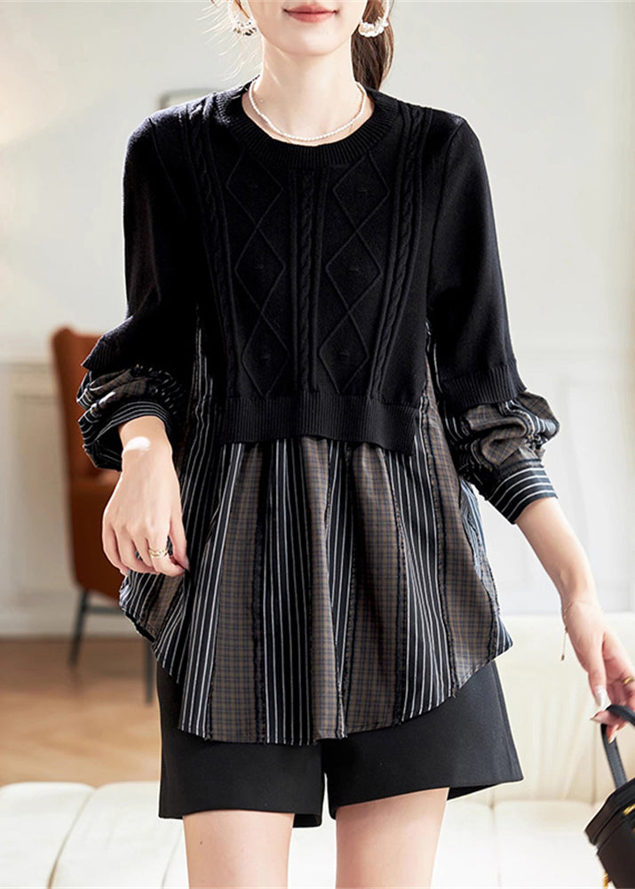 Black O-neck Fake Two Pieces Cotton Knit Patchwork Top Spring