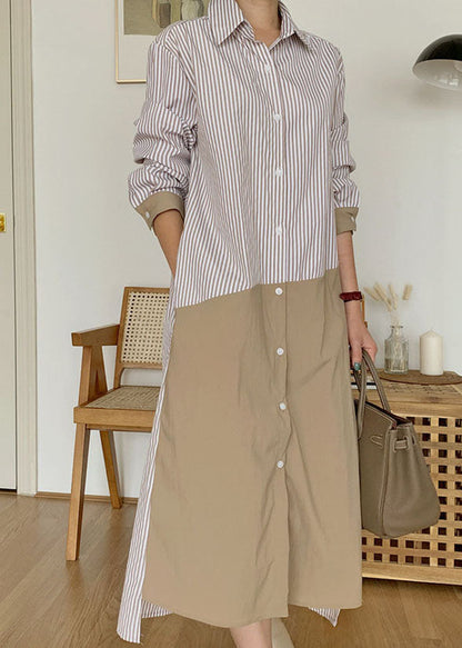 Apricot Striped Patchwork Cotton Shirts Long Dresses Spring