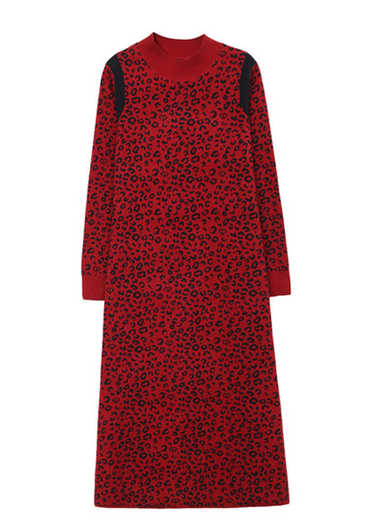 Green Leopard Jacquard Patchwork Thick Woolen Dress Winter