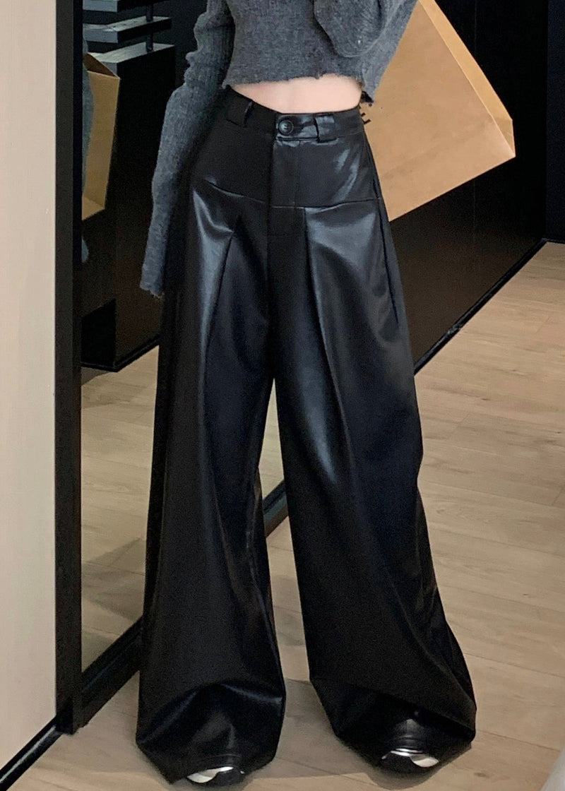 Black Faux Leather Wide Leg Pants High Waist