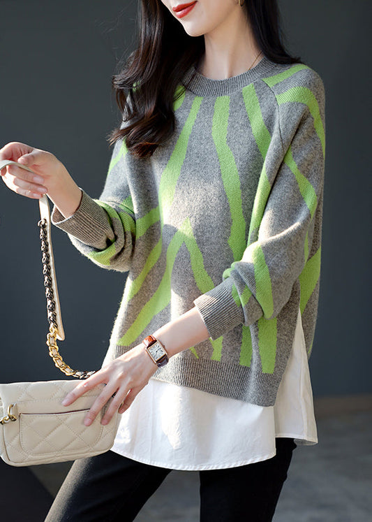 Grey O-neck Thick Striped Patchwork Fake Two Pieces Knit Sweaters Fall
