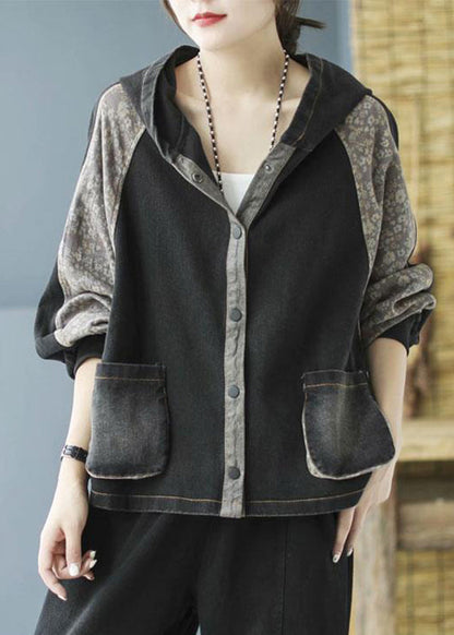 Black Print Button Hooded Denim Coat Long Sleeve Spring