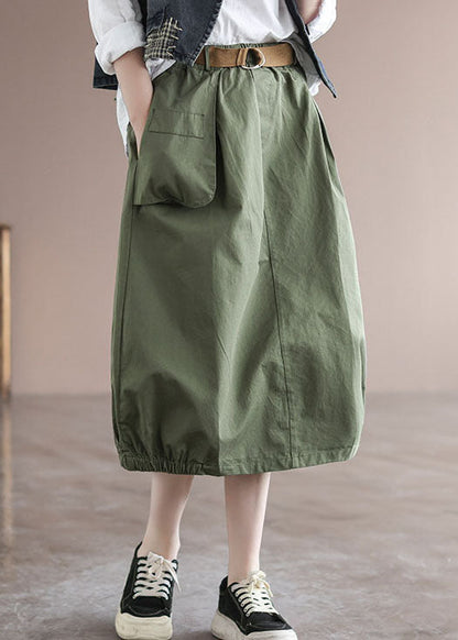 Green Patchwork Cotton Skirt High Waist Pockets Summer