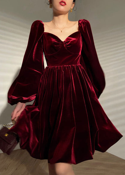 Mulberry Velour Vestidos Party Dress V Neck Lantern Sleeve