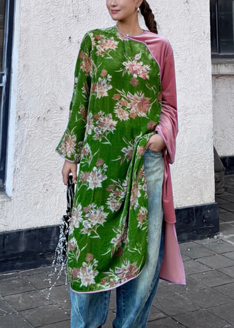 New Green Print Side Open Patchwork Silk Velour Dress Long Sleeve