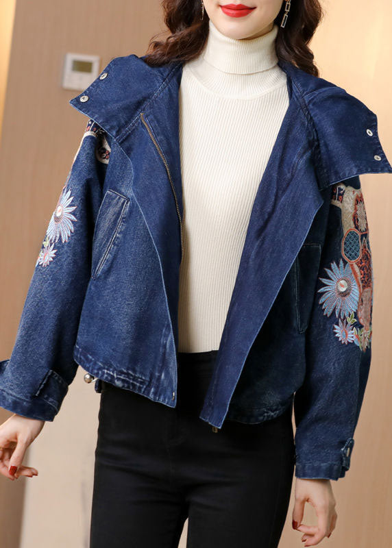 Blue Stand Collar Embroideried Denim Coats Spring