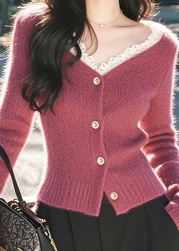 Raspberry Color V Neck Lace Patchwork Cotton Knit Cardigan Spring
