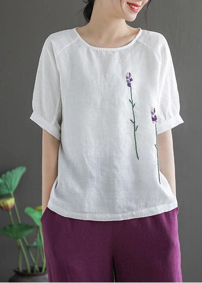 Organic White O-neck Embroideried Linen Tank Tops Short Sleeve