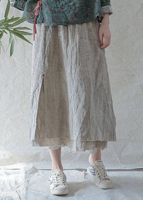Art Beige Elastic Waist Pocket Double-deck Linen Skirts Spring