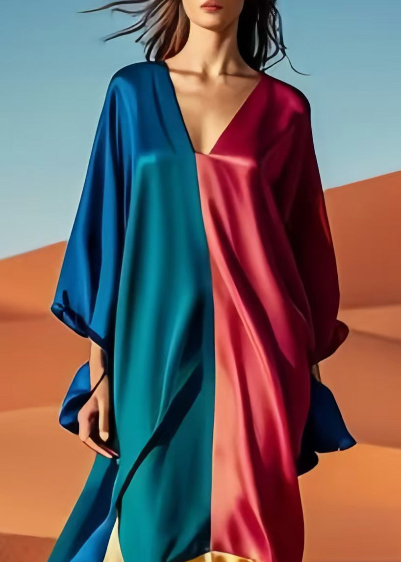 Original Design Colorblock Asymmetrical Patchwork Silk Vacation Dresses Fall