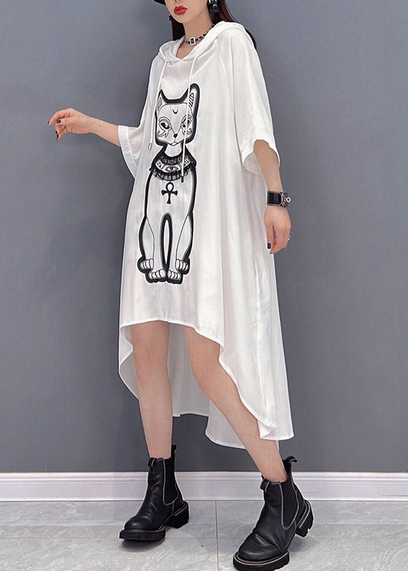 Natural White O-neck Print Low High Design Chiffon Hooded Dress Three Quarter Sleeve