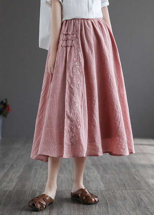 Pink Embroideried Chinese Button Linen Skirts Spring