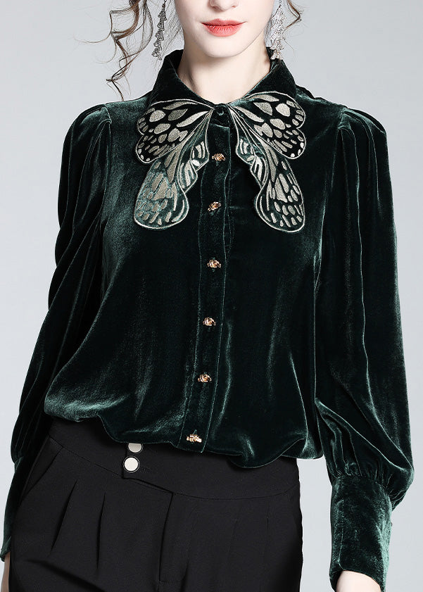 Organic Black Peter Pan Collar Embroideried Butterfly Button Velour Shirts Long Sleeve Fall