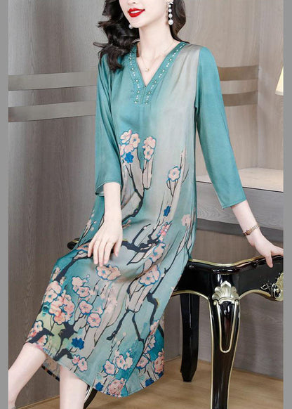 Sky Blue V Neck Print Silk Dresses Bracelet Sleeve