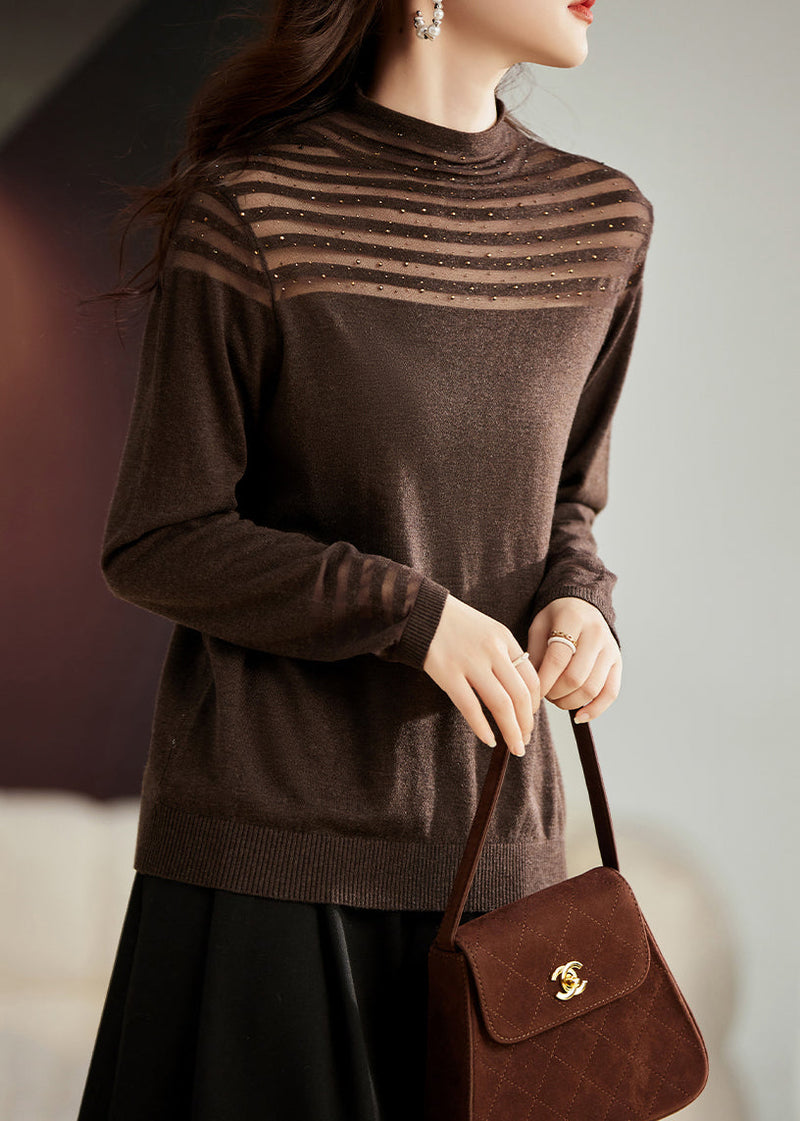 Coffee Nail Bead Tulle Patchwork Knit Top Long Sleeve