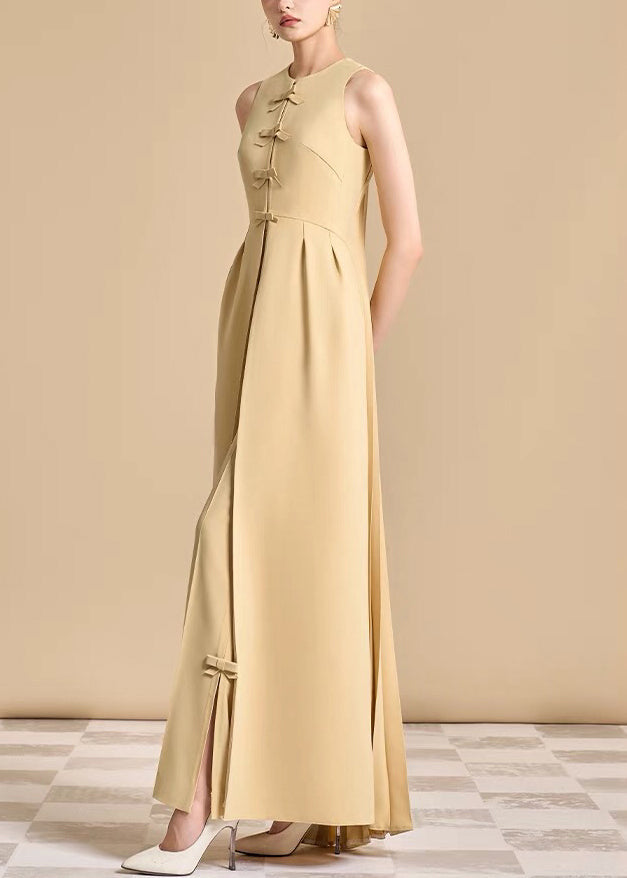 Art Yellow Wrinkled Side Open Dresses and Pants Cotton Two Pieces Set Sleeveless