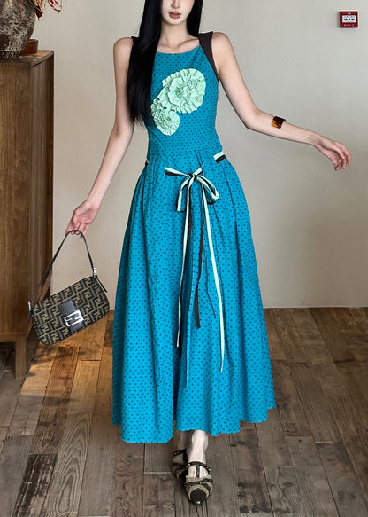Blue Tie Waist Flower Decorated Cotton Dress Sleeveless