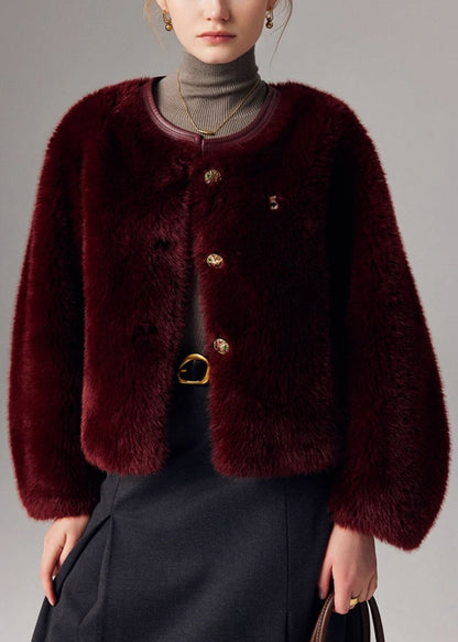 Wine Red Button Leather and Fur Winter Coats O Neck