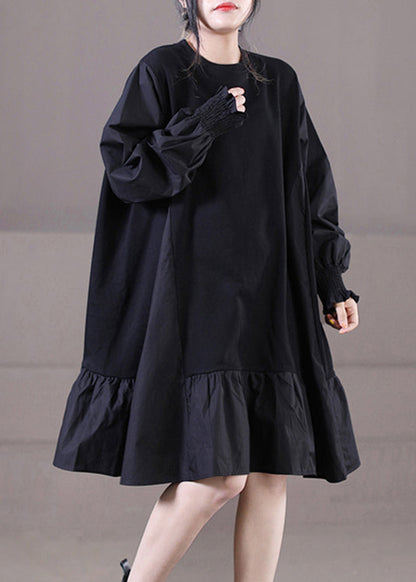 Vogue Black O-neck Ruffles Patchwork Mid Dresses Long Sleeve