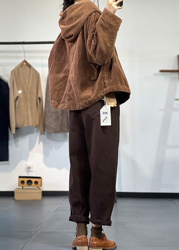 Chocolate Hooded Oversized Pockets Corduroy Coat Spring