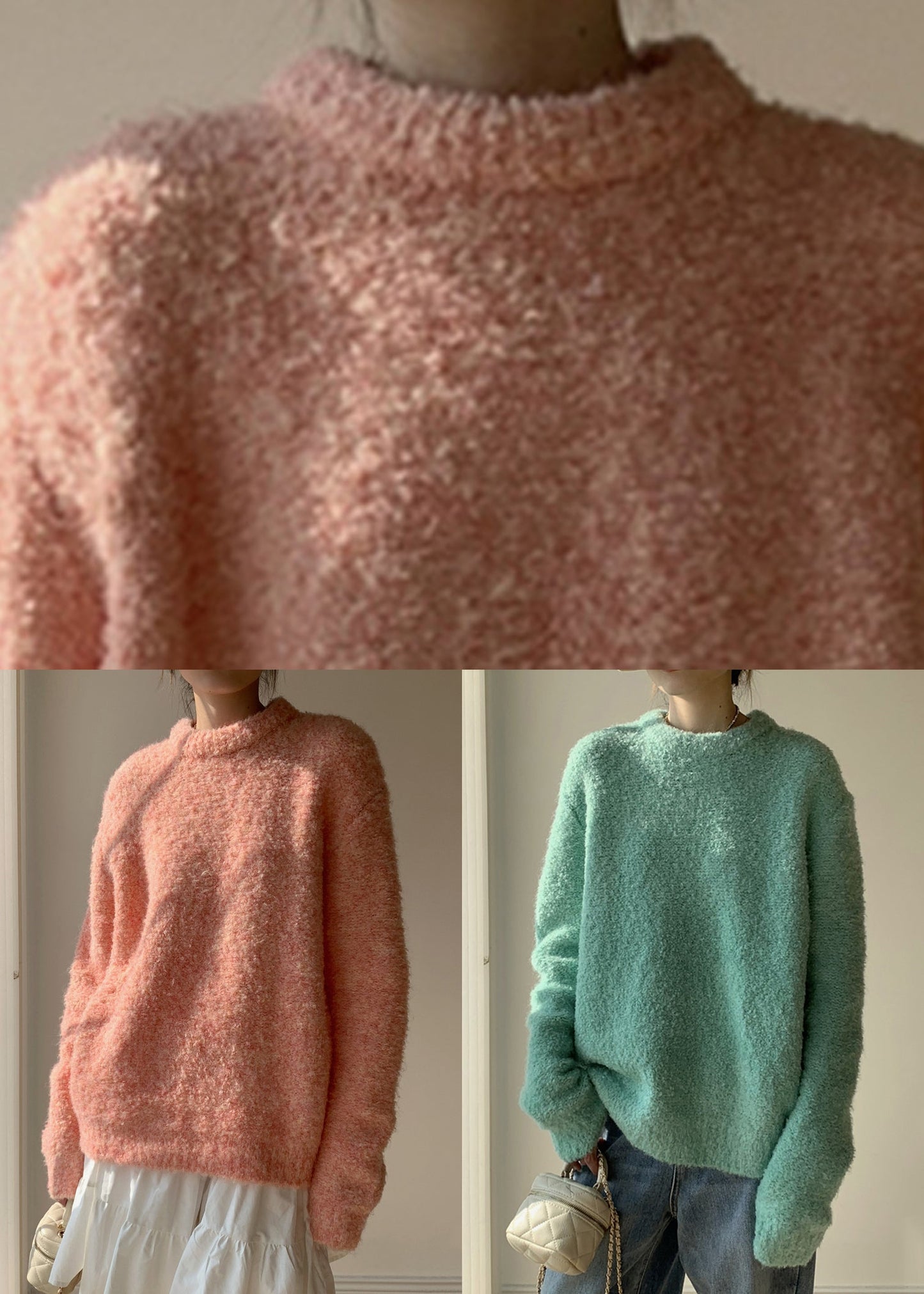 Loose Pink O-neck Fluffy Sweaters Winter