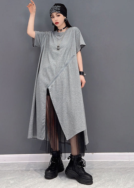Handmade Grey O-neck Tulle Patchwork Cotton Dresses Short Sleeve