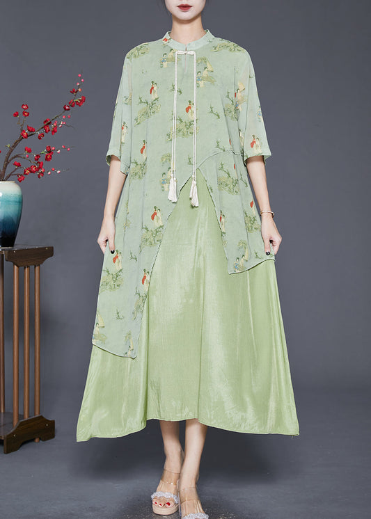 Green Tasseled Print Silk Long Dresses Summer