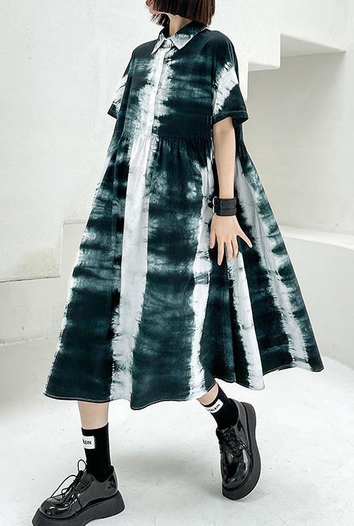 Black Tie Dye Cotton Turn-down Collar Summer Long Dresses
