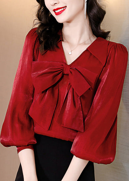 Novelty Red Bow Silk Shirt Spring