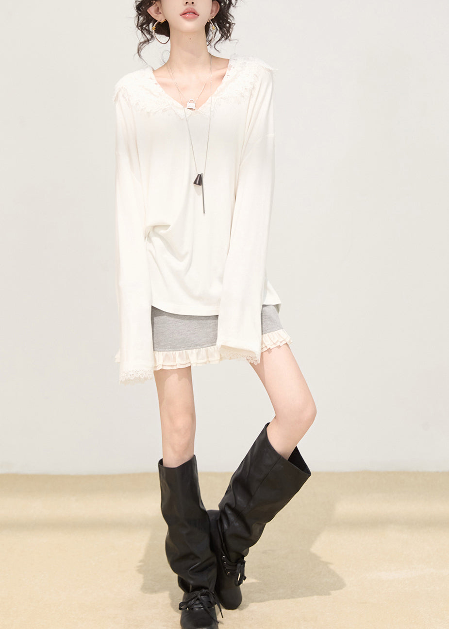 White Hooded Patchwork Lace Cotton Pullover Sweatshirt Spring