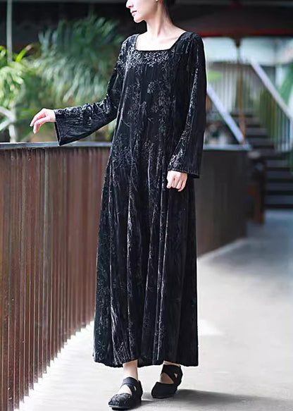 Black U Neck Print Velour Long Dresses Fall