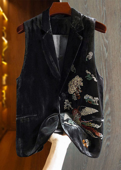 Black Peter Pan Collar Embroideried Velour Two Pieces Set Spring