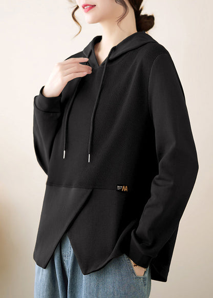 Black Patchwork Cotton Hooded Pullover Asymmetrical Fall