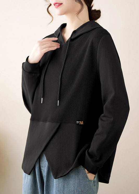 Black Patchwork Cotton Hooded Pullover Asymmetrical Fall
