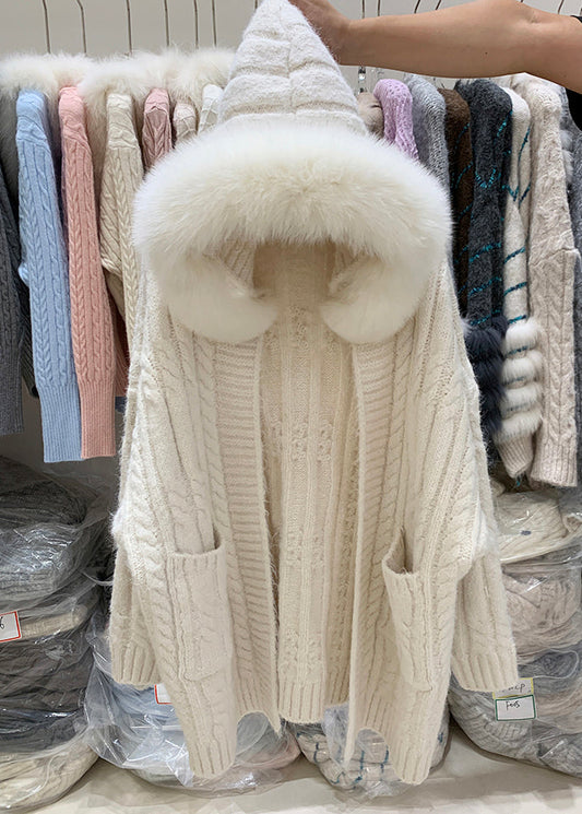 Beige Hooded Pockets Patchwork Knit Cardigan Winter