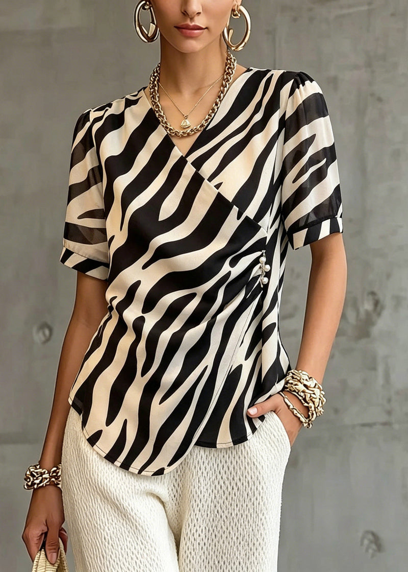 Modern Striped Patchwork Wrinkled T Shirt Short Sleeve