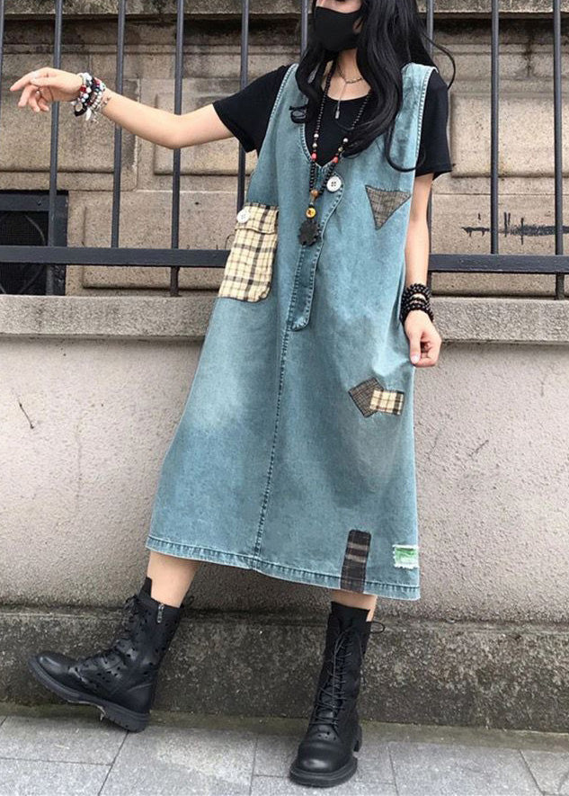 Blue V Neck Patchwork Denim Maxi Slip Dress Sleeveless