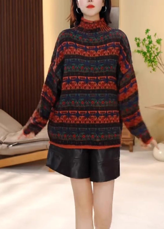 Colorblock Hign Neck Striped Knit Pullover Winter