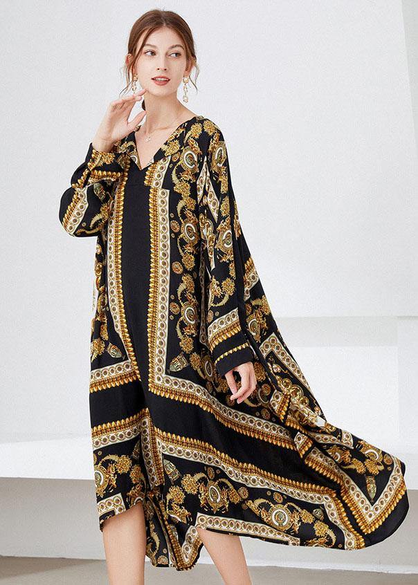 Black Yellow Print Loose Asymmetrical Design Fall Holiday Dress Long Sleeve