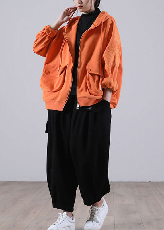 Orange Hooded Zippered Pockets Fall Coat Long Sleeve