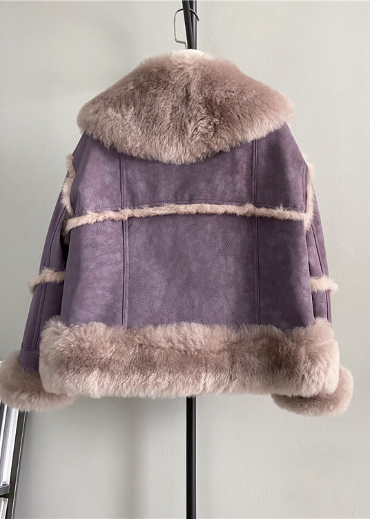 Style Purple Square Collar Pockets Patchwork Leather and Fur Coat Winter