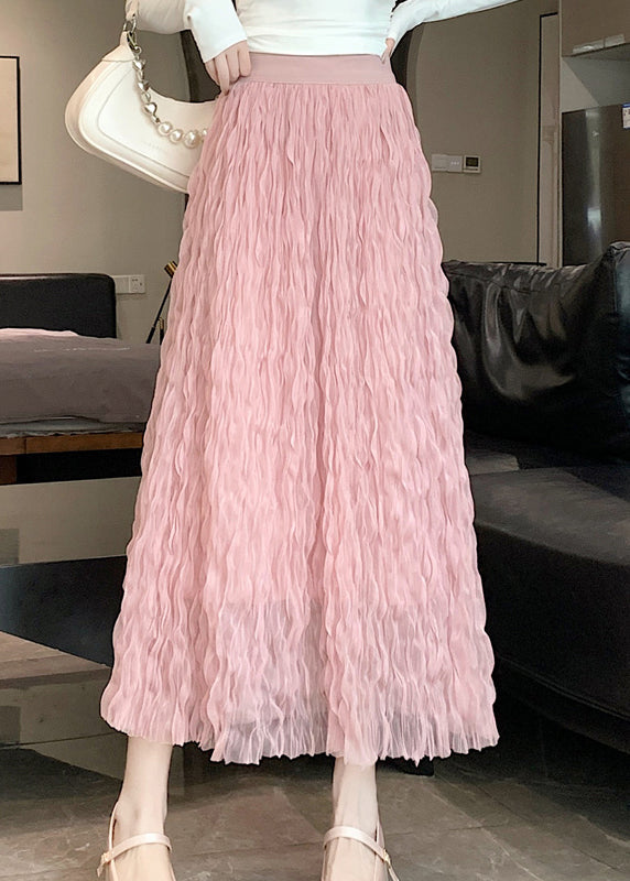 Pink Wrinkled Elastic Waist Tulle Skirt Summer