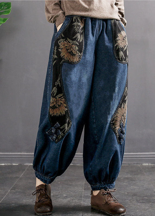Denim Blue Elastic Waist Embroideried Pockets Cotton Harem Pants Spring
