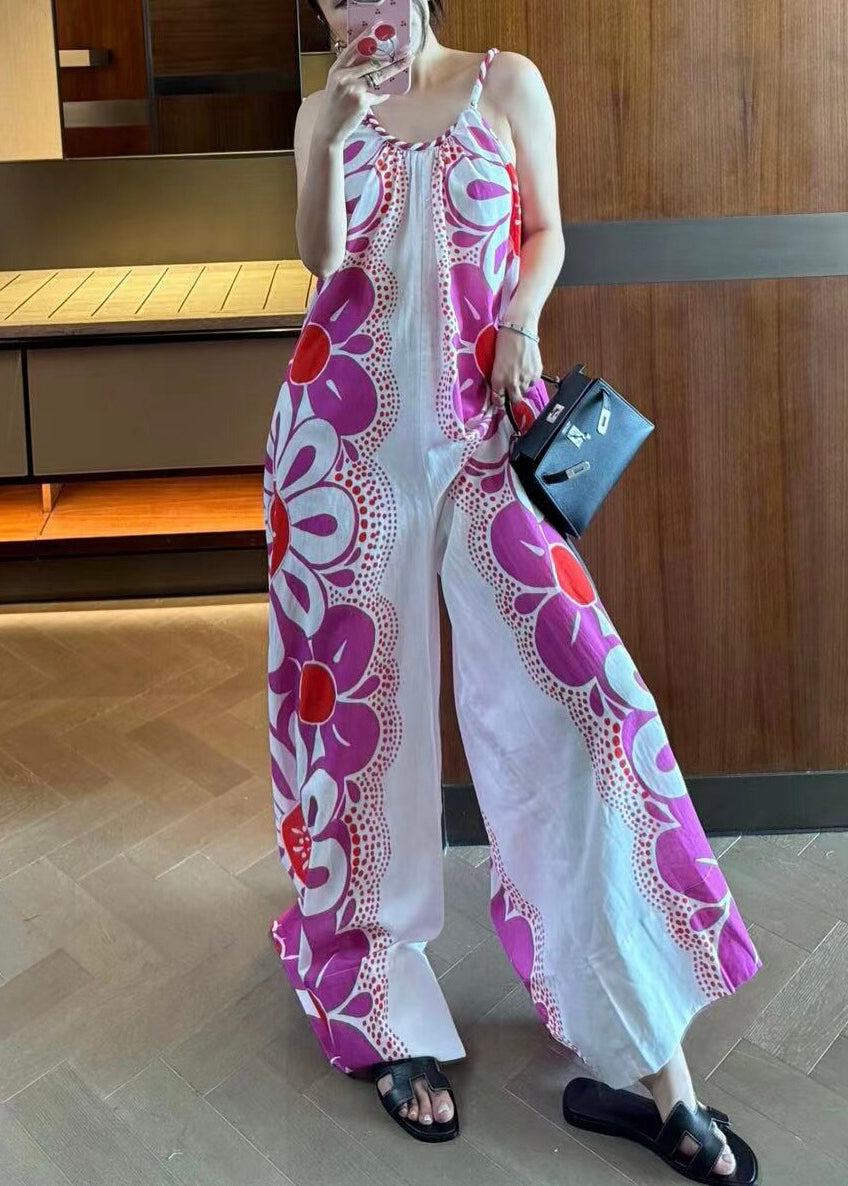 Unique Purple Print Spaghetti Strap Jumpsuits Sleeveless